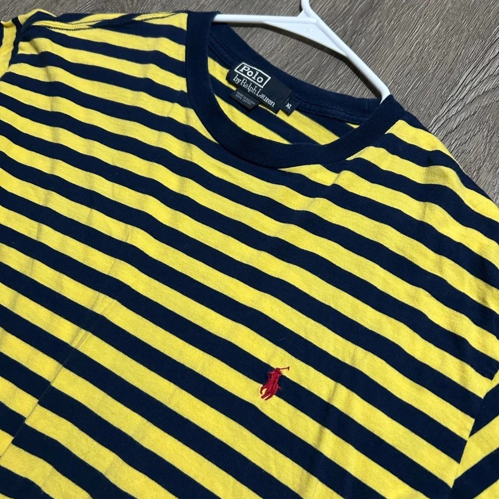 Vintage Polo Ralph Lauren T-Shirt XL Yellow Blue Striped Short Sleeve Cotton